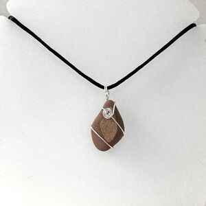 Italian Wire Wrapped Tile Necklace from Sicily, Brown, 18" Black Cord